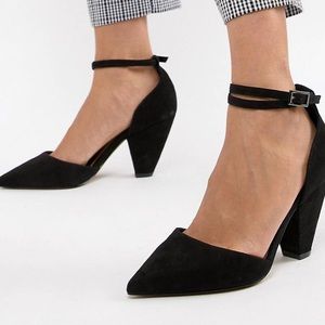 Pointed black heel with ankle strap